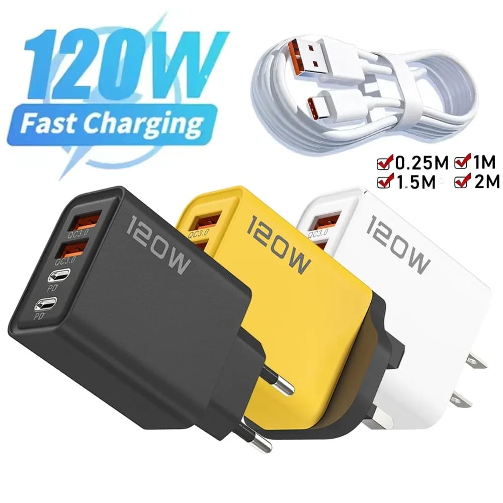 120W 4portová nabíječka USB typu C s rychlonabíjecím datovým kabelem, adaptérem pro nabíječku telefonu USB pro Samsung iPhone Xiaomi Huawei