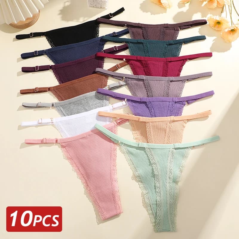 10 ks dámské krajkové bavlněné tanga sexy g-string kalhotky s T-back kalhotky dámské prodyšné spodní prádlo bikiny módní jednobarevné měkké spodní prádlo