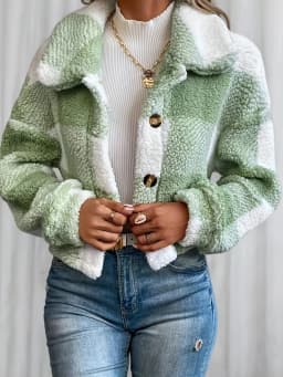 Chic Plaid Teddy Coat - Warm Button-Front Design with Insulated Long Sleeves - Fashion-Forward Winte
