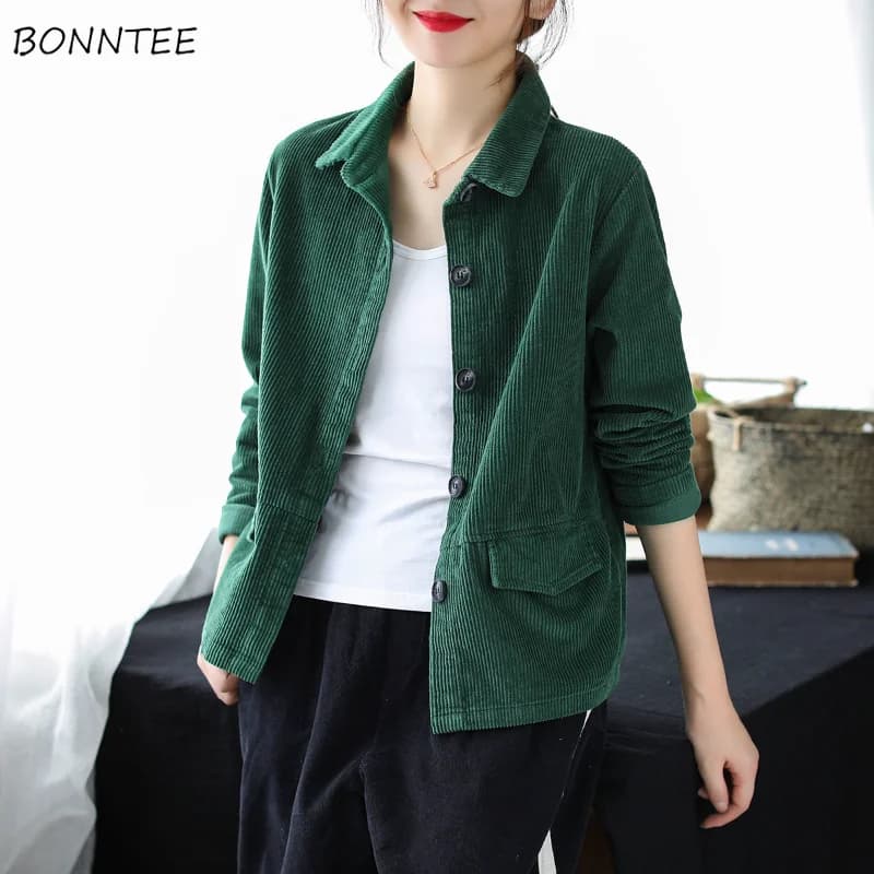 Manšestrové bundy s dlouhým rukávem, základní velikosti pro ženy, podzimní jednobarevné, unisex, stylové, útulné, pro mladé, retro, volné, módní, ležérní, svrchní oblečení, elegantní