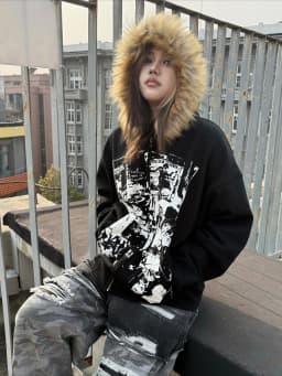 Subkulturní kabáty s kapucí, dámské gotické bundy Harajuku Y2k, americké vintage černé mikiny s umělou kožešinou a potiskem písmen - náhled 4