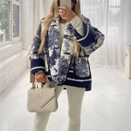 Woman Casual Blue Print Cotton Jacket 2023 Autumn Winter Ladies Warm Pocket Jackets Female High Stre