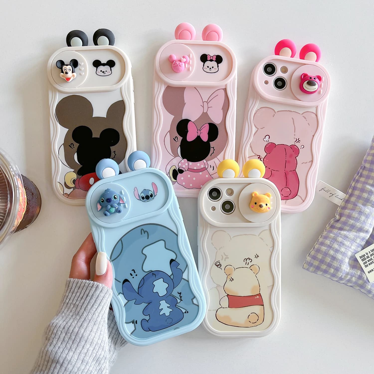 3D uši hračka Minnie Stitch Winnie kreslený posuvný kryt s fotoaparátem pro iPhone 16 Pro Max 14 Plus 15 X XS XR 7 11 12 13 Wave telefon kryt