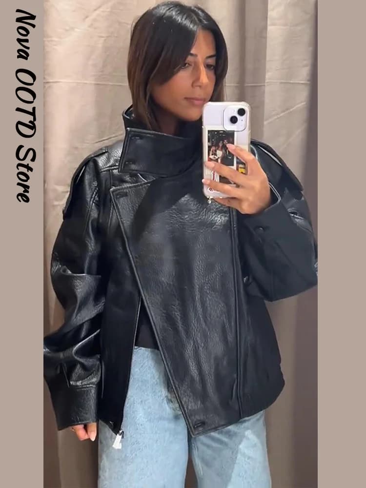 Stojáček límec krátká kožená bunda dámská jednořadá s dlouhým rukávem a klopou na zip, kabát, podzim 2025, elegantní dámské svrchní oblečení