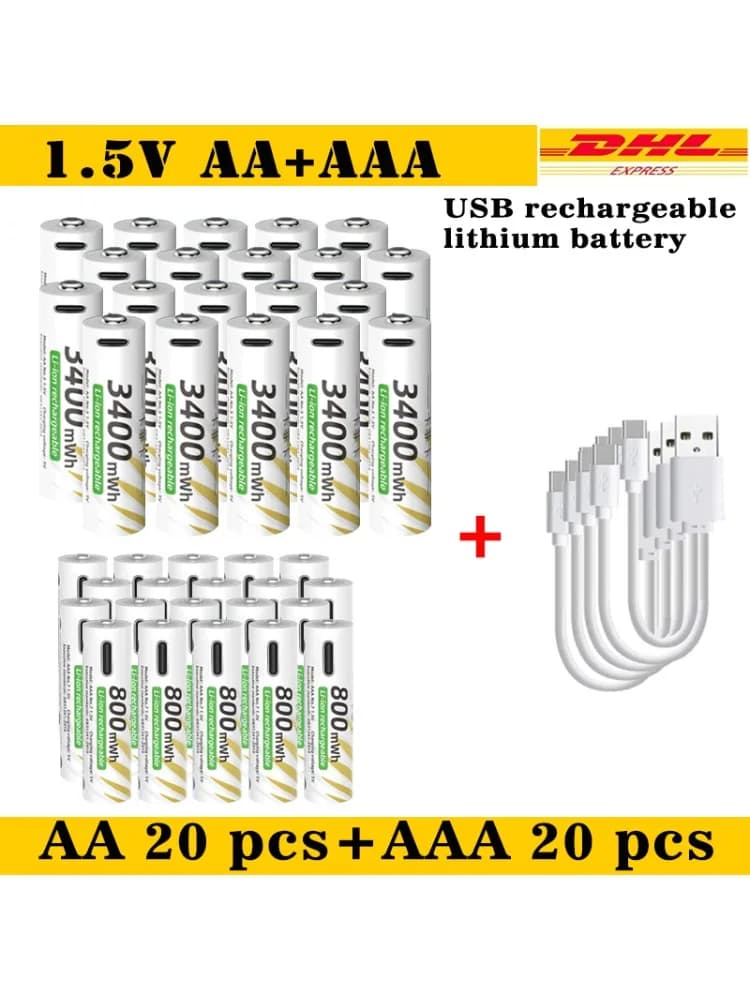 Nové dobíjecí baterie Li-ion AAA a AA s USB Li-ion 3400mWh 1,5V AA + baterie 800mWh 1,5V AAA
