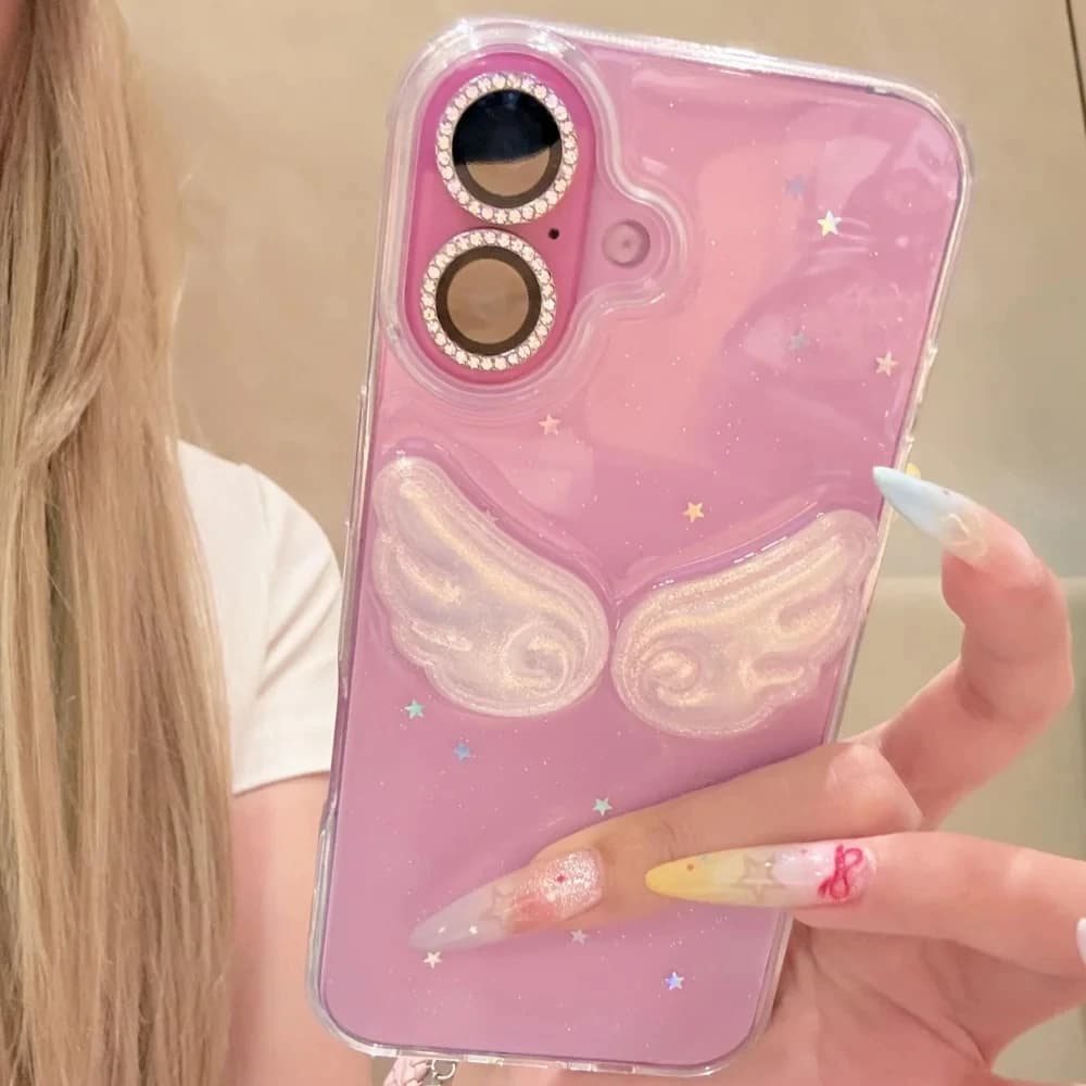 Korejské INS Roztomilý třpytivý lesklý kryt s andělskými křídly pro iPhone 17 Air 16 15 14 13 12 11 Pro Max X XR Max Průhledný kryt pro dívku, dárek