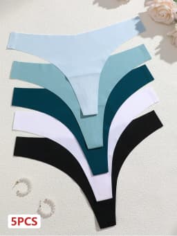 5Pcs Ice Silk Seamless Thongs Women's V-Waist Solid Color Panties Sexy Breathable Low Rise Underwear