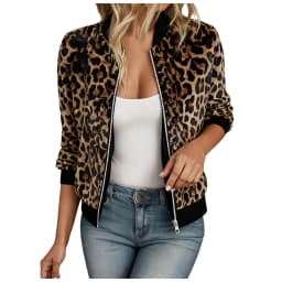 Women Plus Size Bomber Jackets Leopard Printed Long Sleeve Zip Up Mock Neck Baseball Coats Trend Str