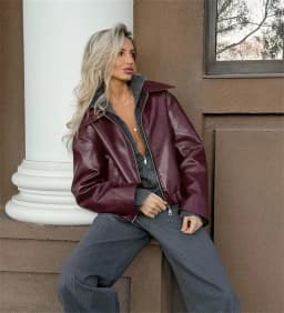 Women Vintage Wine Red Faux Leather Jakcet Fashion Outerwear Zipper Lapel Pu Coats Autumn Winter Str