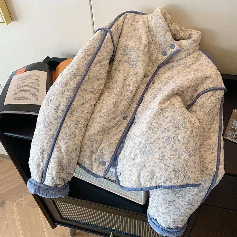 Zimní prošívaná bunda pro ženy, květinový manšestr, volný bavlněný prošívaný kabát, tlustá ležérní prošívaná bunda, svrchní oblečení pro ženy