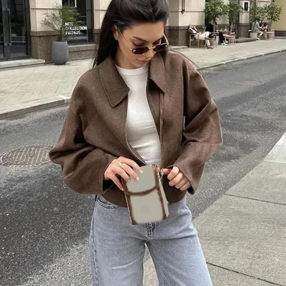 Vintage jednobarevné hnědé kabáty s odhaleným límcem pro ženy, elegantní volná bunda s dlouhým rukávem a zipem, módní bundy do práce a do práce