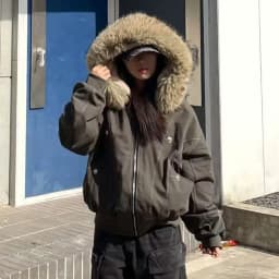 American Street Fur Collar Zipper Hooded Jacket Women Autumn Winter Retro New Velvet Thickened Warm 