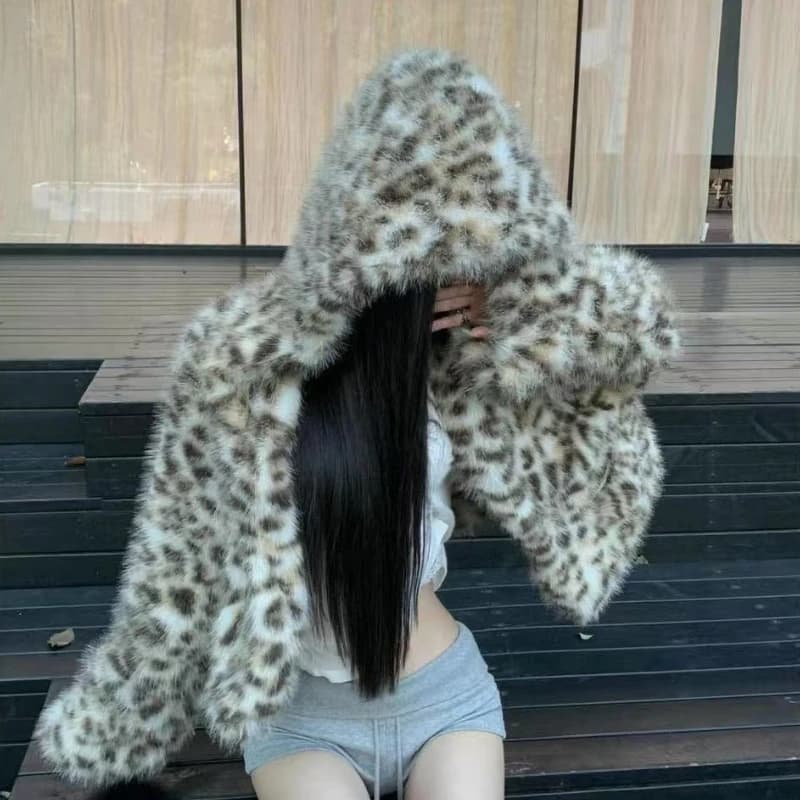 Leopardí potisk plyšové teplé zesílené kabáty dámské zimní nadměrné bundy pro ženy Harajuku Y2K s kapucí goth zimní oblečení pro ženy
