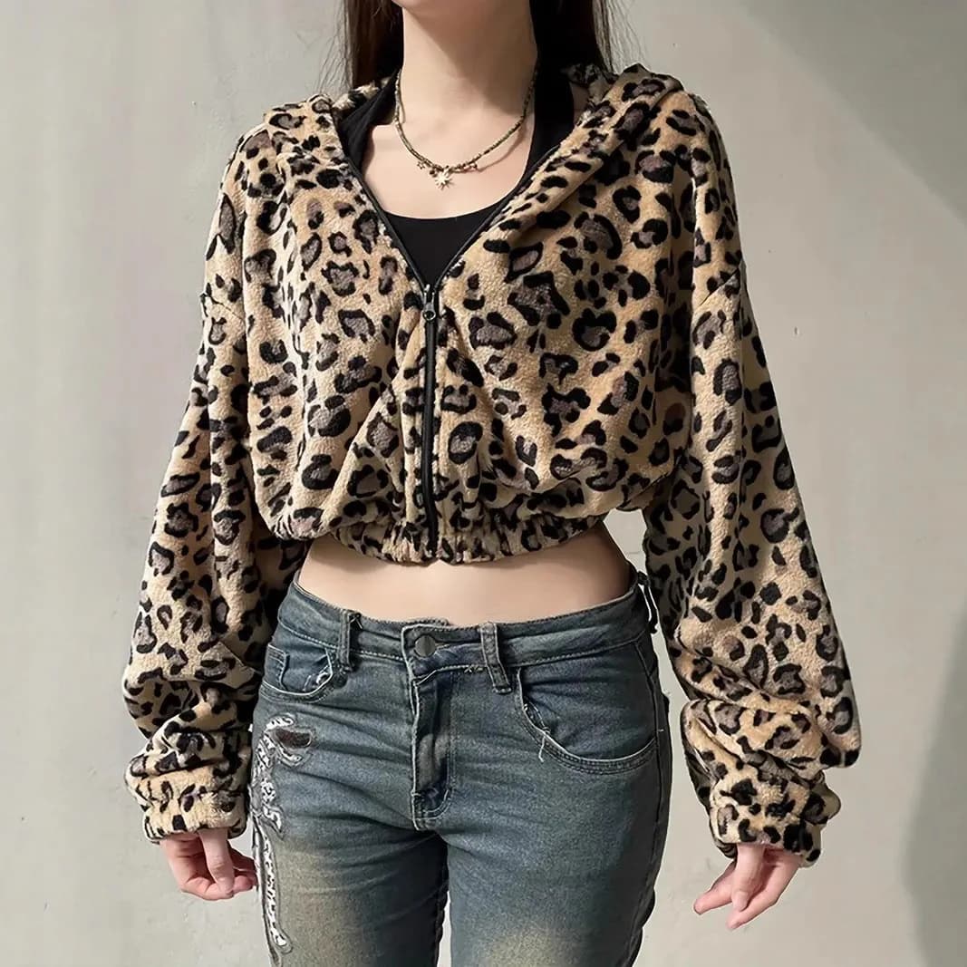 Dámská plyšová bunda s dlouhým rukávem a leopardím potiskem na zip, pohodlná ležérní svrchní oděv z polyesterové tkaniny, středně silný kabát