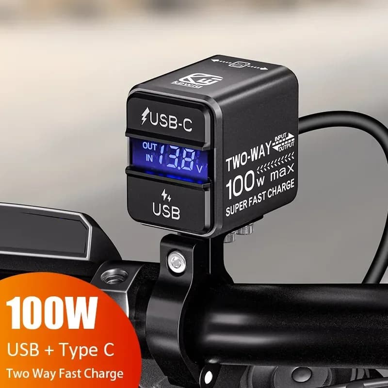 Motocyklová USB nabíječka pro telefon 100W super rychlé nouzové obousměrné nabíjení PD a QC3.0 nabíječka motobaterií a voltmetr pro iPhone