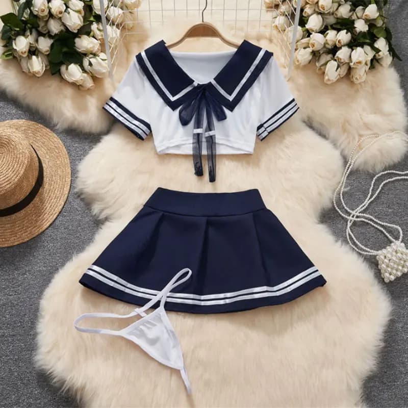 Cosplay sexy spodní prádlo sada dámská 2dílná noční košilka studentská uniforma sada krátký top bez rozkroku šaty erotická podprsenka noční košilka