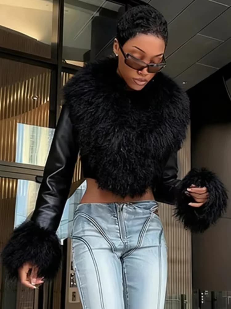 Nibber Wild Coats Woman Furry Tassel Decoration Podzimní trend Low-Neck Full Sleeve Navel Exhibited High Street Style Classic Tops