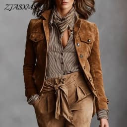 Retro Solid Suede Women's Jackets Outerwears Fashion Turn-down Collar Button Workwear Top Long Sleev