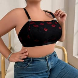 1XL-4XL Plus Size Sexy Dámské Podprsenky Červené Rty Tisk Bez Vycpávky Dámské Spodní Prádlo Nastavitelný Ramenní Popruh Bez Kostic Sexy Lístek - náhled 4