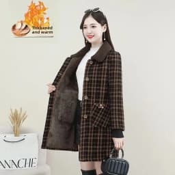 Thickened Fleece Winter Coat for Women Plaid Slimming Mommy Style Jacket plus Size Mid-Length Fashio