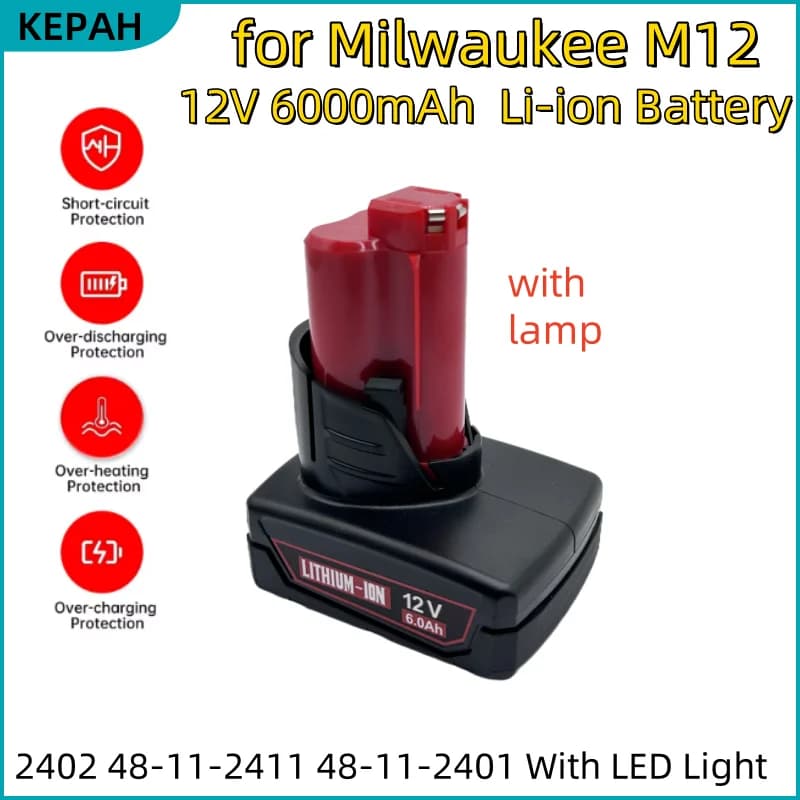 12V 6000mAh M12 Dobíjecí 🪫Baterie s lampou pro Milwaukee M12 XC Akumulátorové nářadí 48-11-2402 48-11-2411 48-11-2401 MIL-12A-
