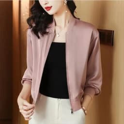 Silk Short Jackets Woman Coats Loose Satin Outwear Solid Color Cloth Zipper Baseball Jacket Spring A