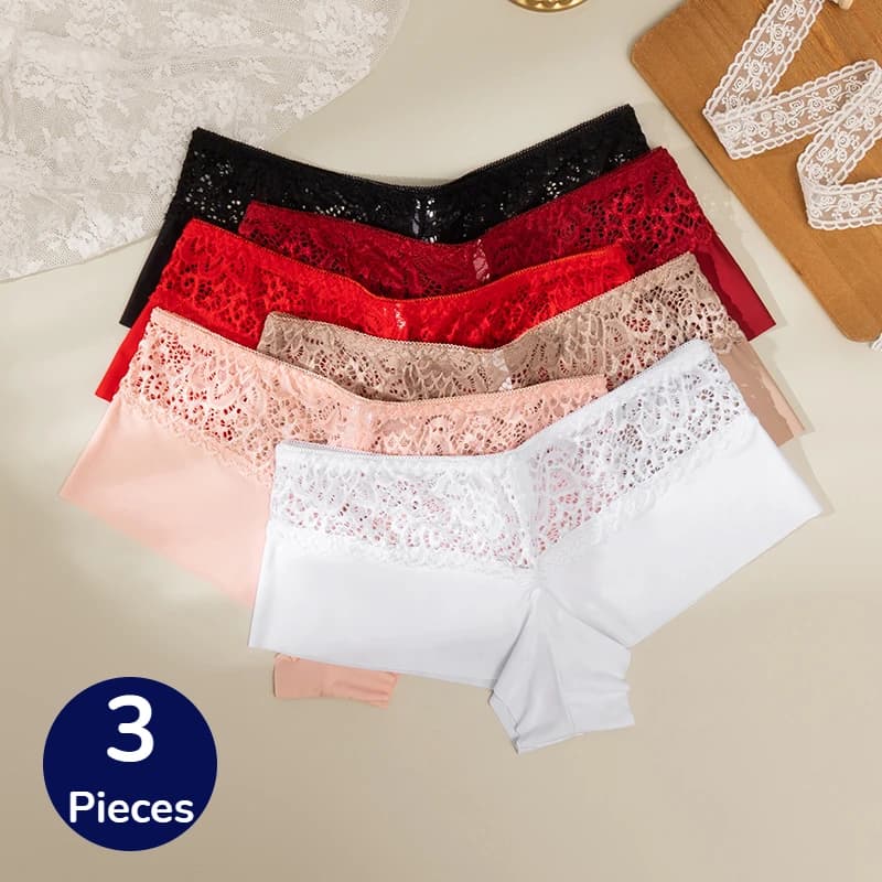 Trowbridge 3PCS Dámské kalhotky Měkké krajkové boxerky Prodyšné spodní prádlo Pohodlné chlapecké kraťasy Hedvábné saténové spodní prádlo Sportovní kalhotky