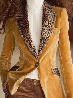 Vintage Leopard Printed Patchwork Velvet Jacket Casual Long Sleeve Slim Commute Coat Autumn Winter N