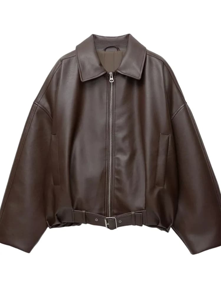 Elegantní dámská bunda s dlouhým rukávem a klopou, volné kapsy, univerzální bunda, podzimní kožený kabát 2025