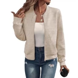 Spring Autumn Comfortable Casual Women's Long Sleeve Jacket Elegant Outerwear Zipper Pocket Crew Nec