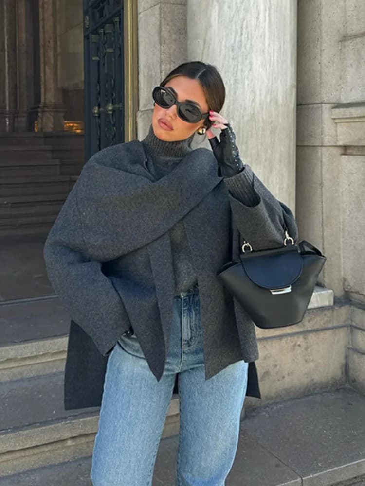 Podzimní zimní nová dámská pláštěnka s dlouhým rukávem, pletený kabát, módní šátek a límec, teplá dámská krátká bunda, elegantní streetwear