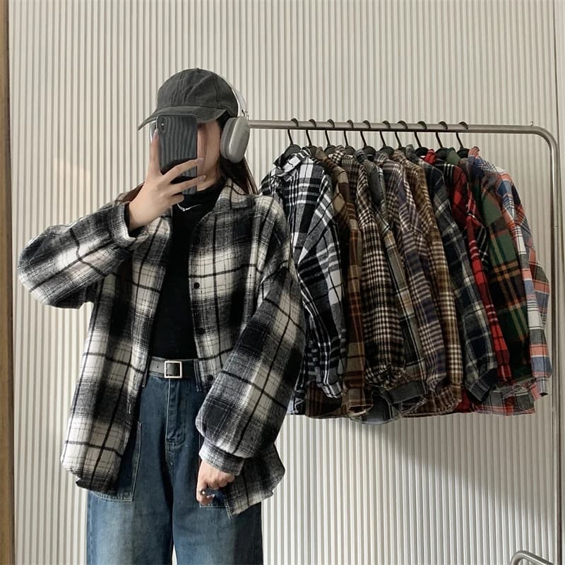 Flanelová kostkovaná bunda pro ženy, podzimní a zimní, s dlouhým rukávem, jednořadý kabát, vintage dámský preppy styl, volná kostkovaná bunda