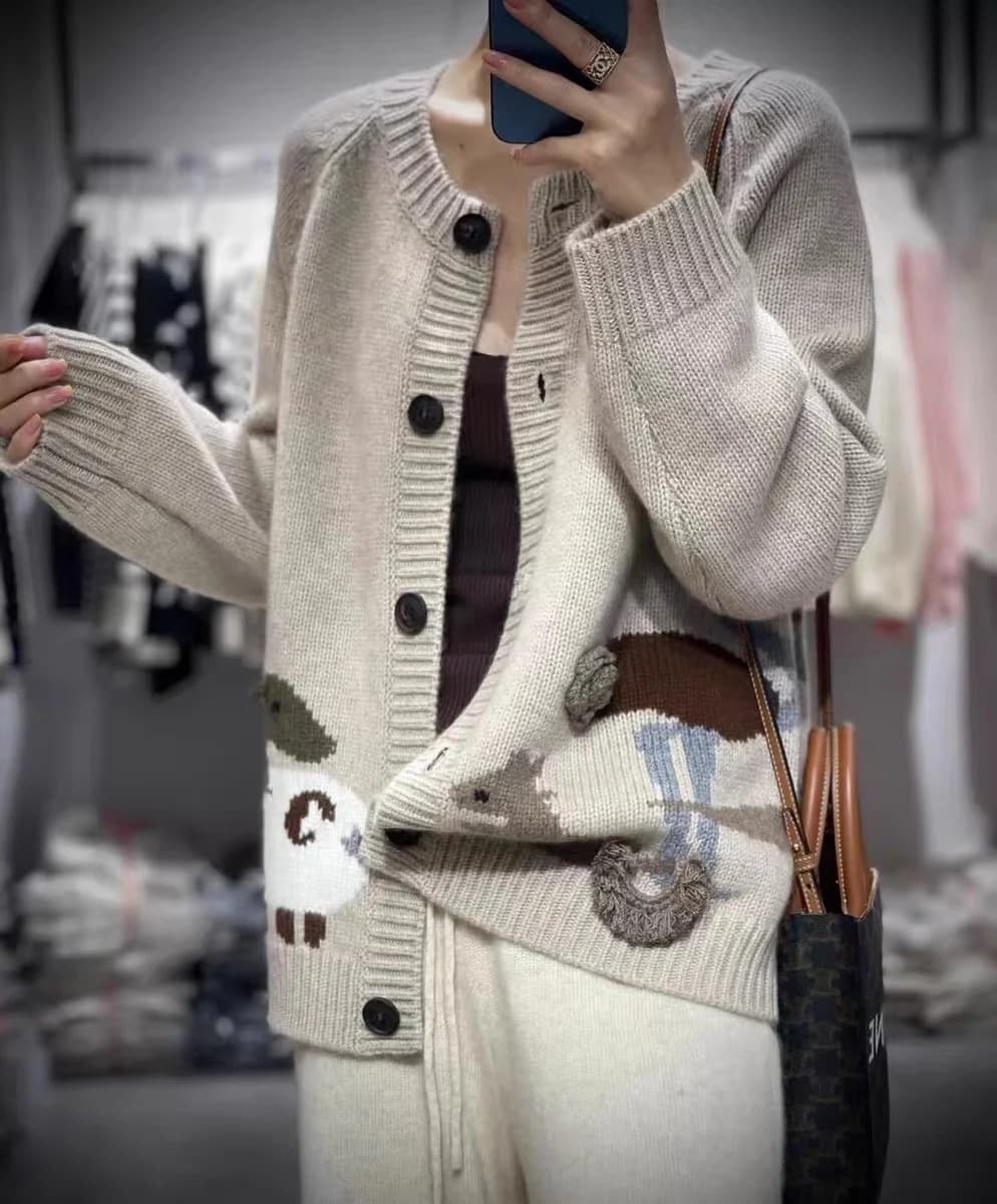 Podzimní a zimní těžký, ručně vyšívaný zoo kabát s kulatým výstřihem, ležérní volný kardigan z evropského zboží, 100% čistý kašmír