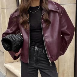 Dámské vintage vínově červené umělé kožené bundy, módní svrchní oblečení, zip na klopě z umělé kůže, podzimní zimní streetwear, dámské krátké topy - náhled 4