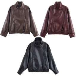 New2025Autumn and Winter New 's Lychee Grain Leather Stand Collar Coat Women