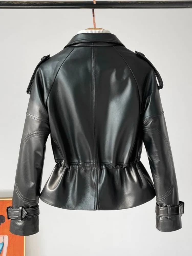 Dámská kancelářská bunda z pravé kůže s nastavitelným pasem, slim fit ovčí kůže, krátký kabát, dámský jednořadý punkový motorkářský svrchní oděv