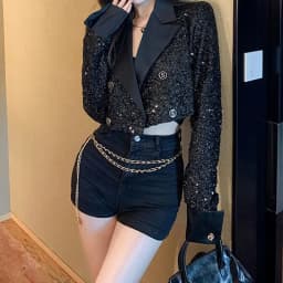 Korean version of black sequined cardigan long sleeve short coat women's autumn and winter new desig