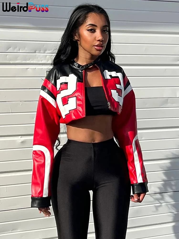 Divná kočka Faux Leather Varsity Jacket Dámská hipsterská tisková podzimní ležérní sportovní divoká streetwear uniforma trendy crop coat