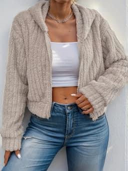 Elegant Faux Fur Zip-Up Hooded Jacket for Women - 100% Polyester Solid Color Cozy Short Coat for Fal
