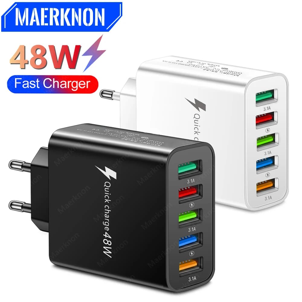 48W USB nabíječka pro telefon s 5 porty, rychlonabíječka Quick Charge 3.0 pro iPhone 14 13, Samsung OnePlus, Xiaomi, EU/US, vícenásobná zástrčka