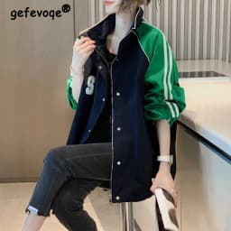 Spring Autumn New Women Trendy Contrast Color Patchwork Oversized Zipper Outdoor Jackets Y2K Casual 