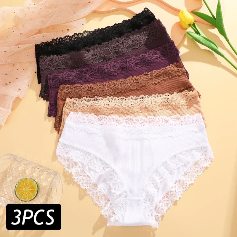 3ks/sada sexy krajkové bavlněné kalhotky pro ženy, bezešvé kalhotky s nízkým pasem, prodyšné měkké spodní prádlo, velikost S-XL