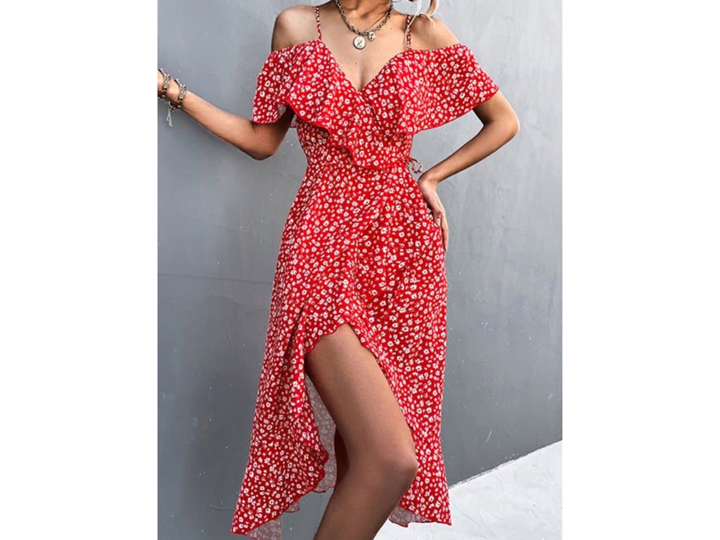 Dámské Jaro Léto Sexy Šaty s květinovým potiskem červené