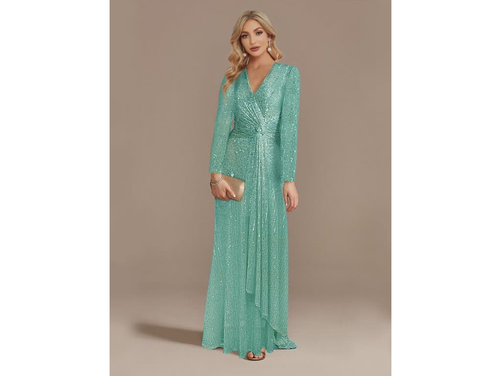 Luxusní večerní šaty s dlouhým rukávem mint