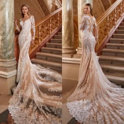 Svatební šaty z organzy s dlouhým rukávem a výstřihem do V, elegantní, svatební, vestido de novia, bílé, střih... - náhled 5