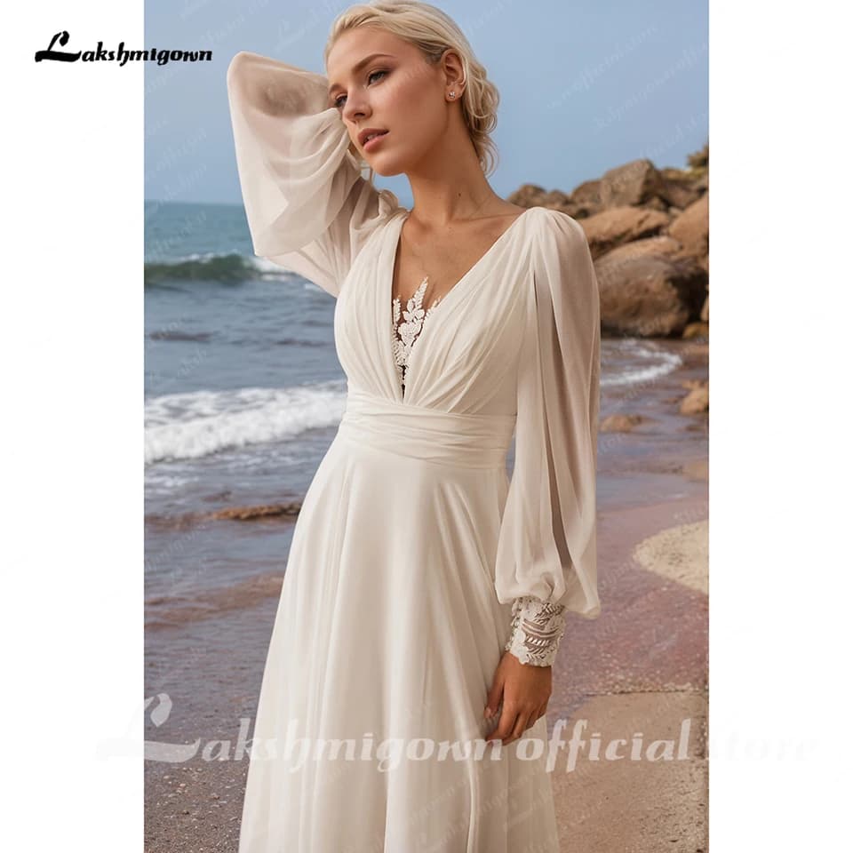 Lakshmigown A-Line svatební šaty s nafouklými rukávy a iluzí na zádech, šifonové civilní šaty s aplikací pro ženy na míru