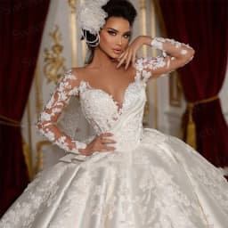 Svatební šaty z princeznovského saténu s výšivkou a krajkou, plesové šaty s výstřihem do V, dlouhým rukávem a na míru, nevěstiné šaty Vestido De Novia - náhled 2