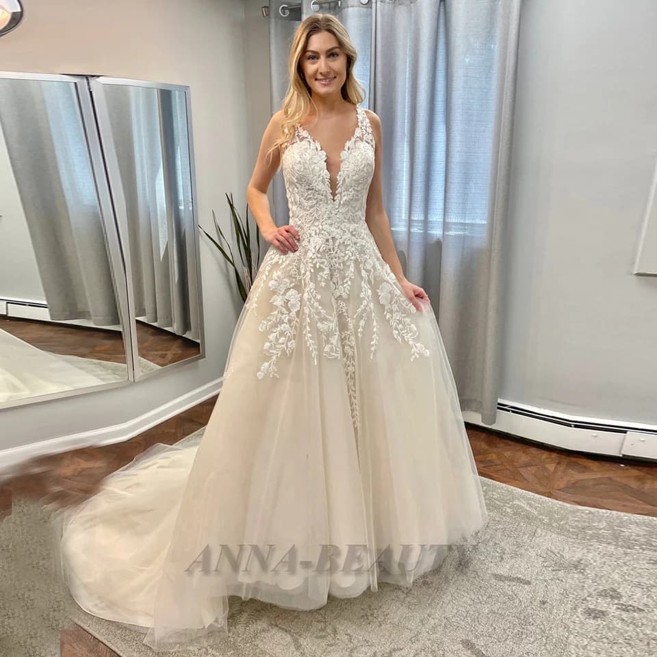 Svatební šaty Anna Fancy s výstřihem do V pro ženy, s aplikacemi, bez rukávů, áčkovým střihem, šněrováním, dlouhou vlečkou, na míru
