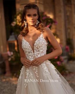 Fanan špagetová ramínka svatební šaty tylové aplikace na míru sexy otevřená záda nabírané slonovinové svatební šaty vestidos de novia - náhled 3