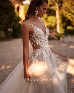 Fanan špagetová ramínka svatební šaty tylové aplikace na míru sexy otevřená záda nabírané slonovinové svatební šaty vestidos de novia - náhled 5